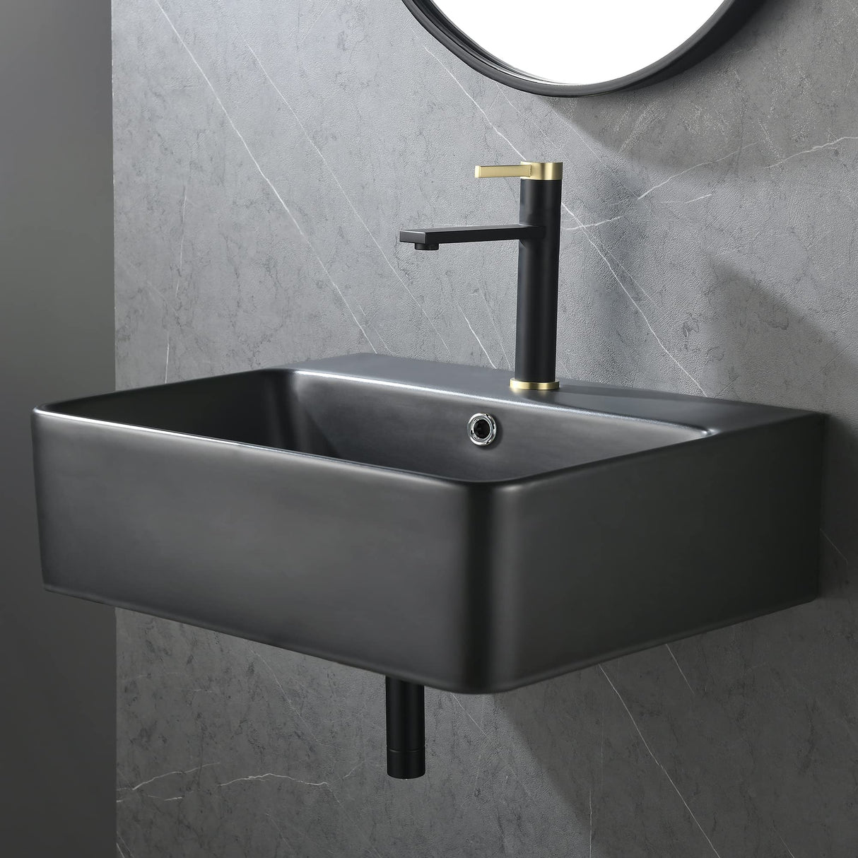 21"X 17" Wall Mount Sink Black, Vessel Bathroom Sink, Modern Floating or Countertop Ceramic Bathroom Sink, Rectangle Wall Mounted Lavatory Sink Black