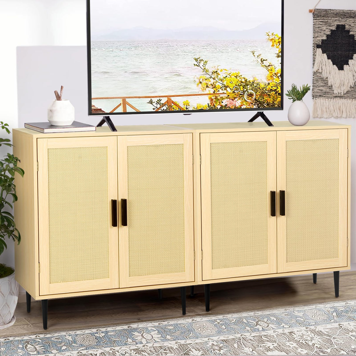 Rattan Sideboard Cabinet with Storage, Accent Cabinet with Feet, Buffet Cabinet with Doors