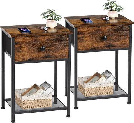 Night Stand Set 2, Nightstand with Fabric Drawer, Industrial End Tables Living Room