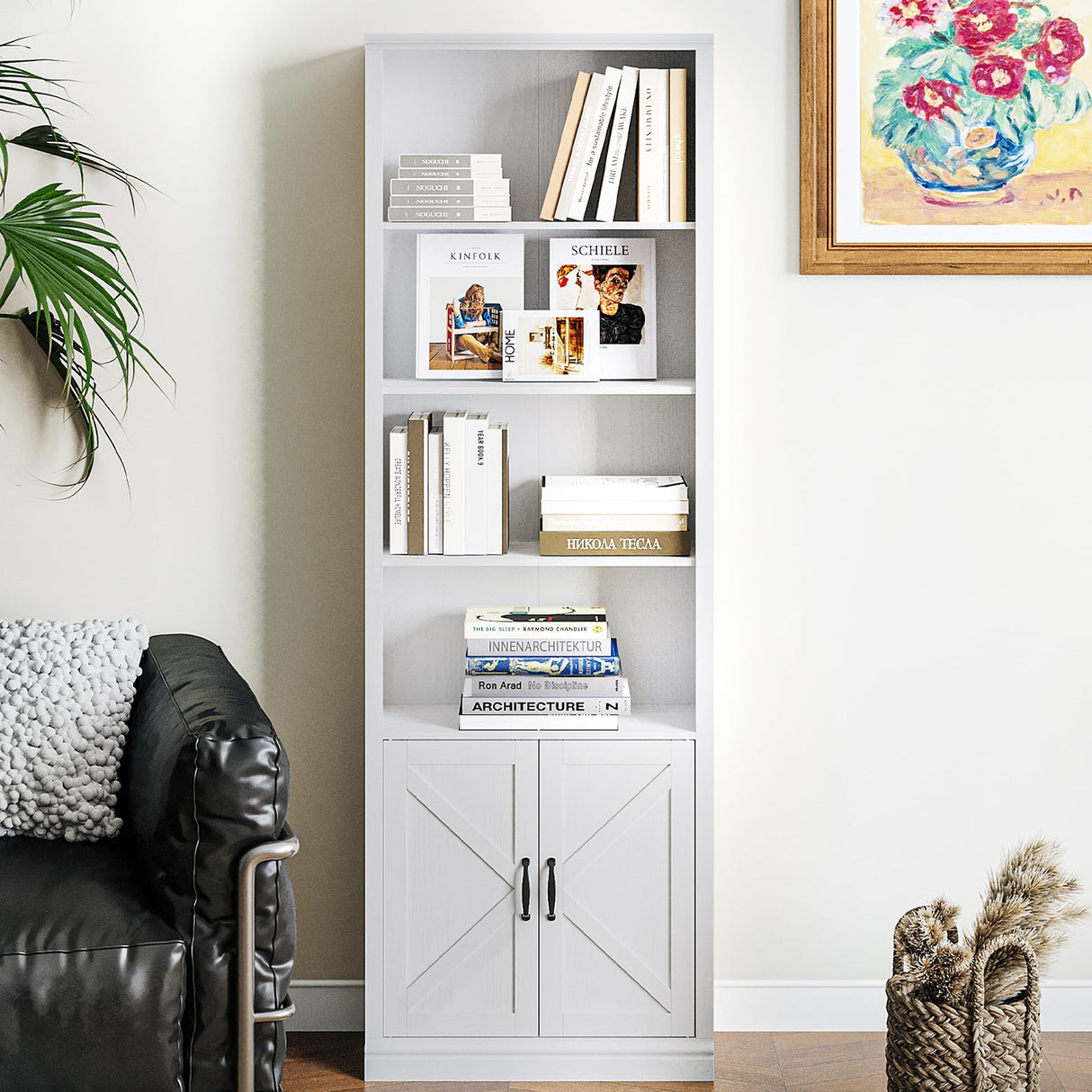 5 Tier Bookshelf Bookcase with Cabinet Doors, 70 in Tall Wooden Bookshelves