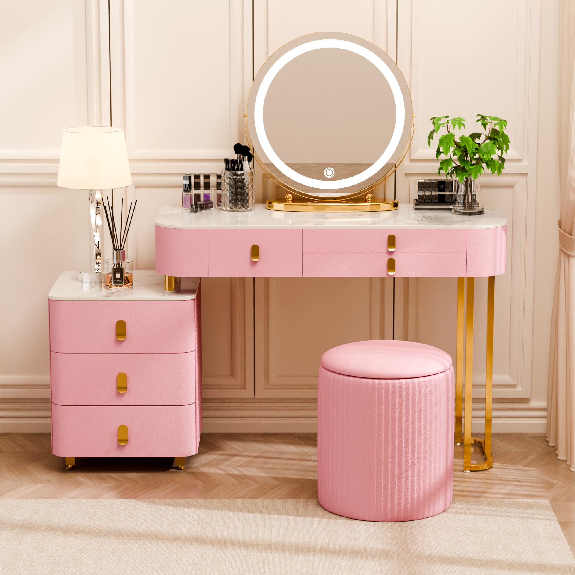 Hunlyman Luxury Makeup Vanity-Vanity Desk with 3-Color Adjustable Lights and 6 Solid Wood Drawers,Dressing Table with Side Cabinet Marble Desktop for Modern Bedroom for Her Gift (Pink)
