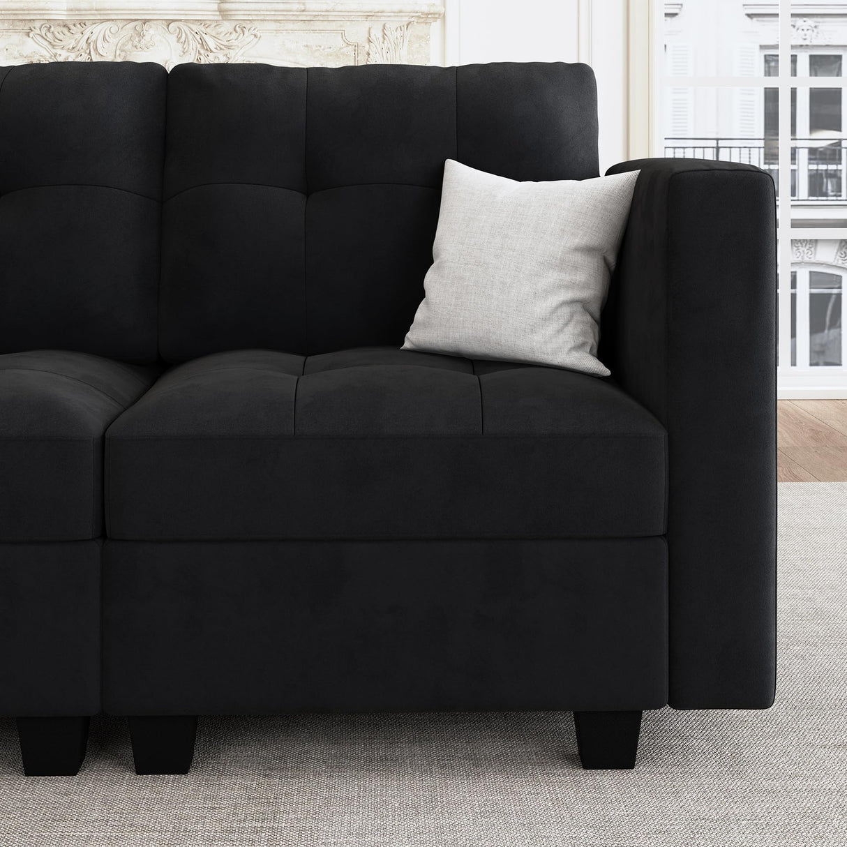 Modular Sectional Sofa Velvet U Shaped Couch with Double Chaises 6 Seater Sectional Sofa with Storage, Black