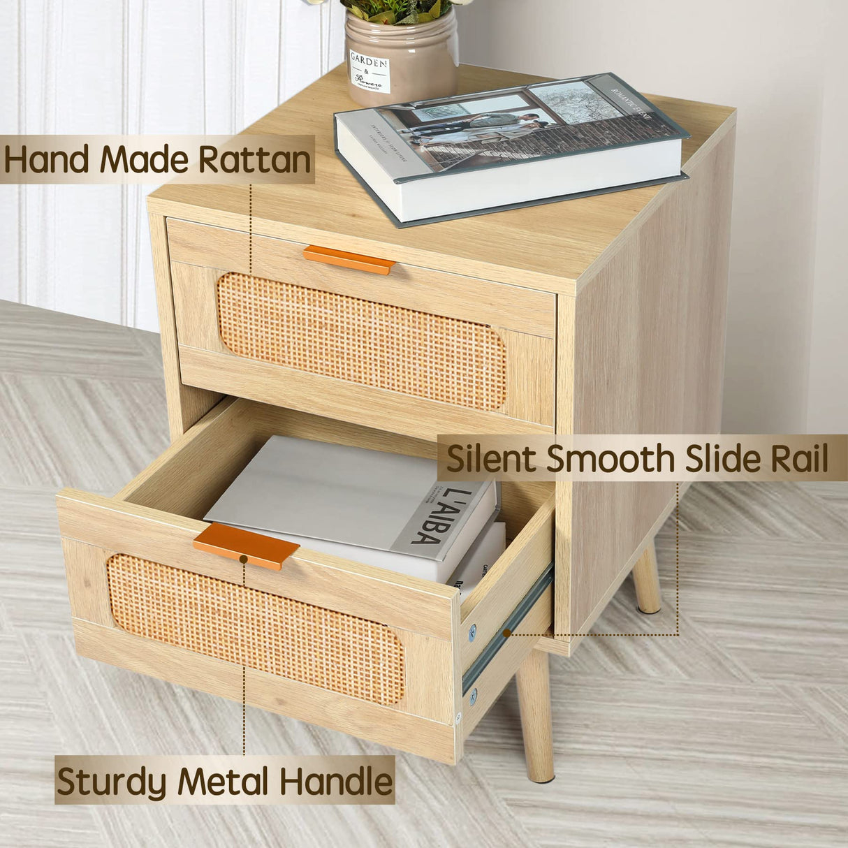 Nightstands Set of 2 with Rattan Drawer, Modern Night Stand for Bedrooms