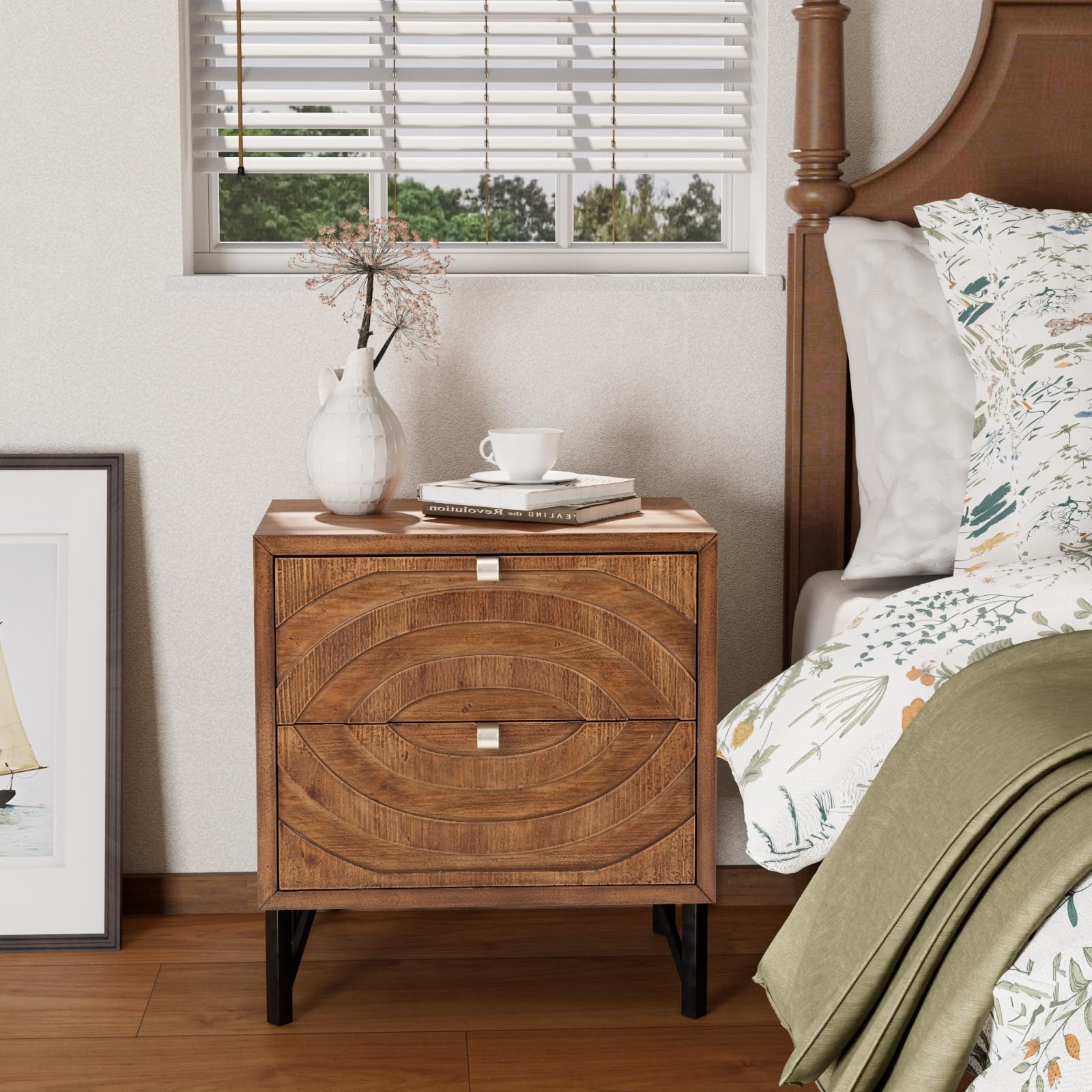 Rustic End Table with 2 Drawers, Vintage Wood Bedside Table
