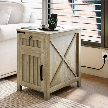 with Charging Station,Industrial/Farmhouse End Table with Drawers & Cabinet,Side Table with Door and Storage Shelf,Side Tables for Living Room,Bedroom,Office (Rustic Cherry)