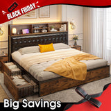 King Size Bed Frame with 4 Storage Drawers and Charging Station