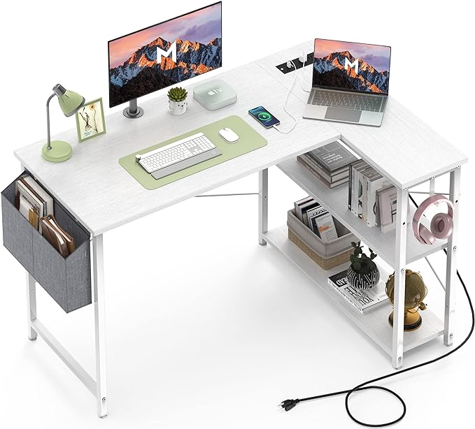 L Shaped Desk with Outlets & USB Ports, Reversible 47 Inch Office Desk, Corner Desk for Small Space