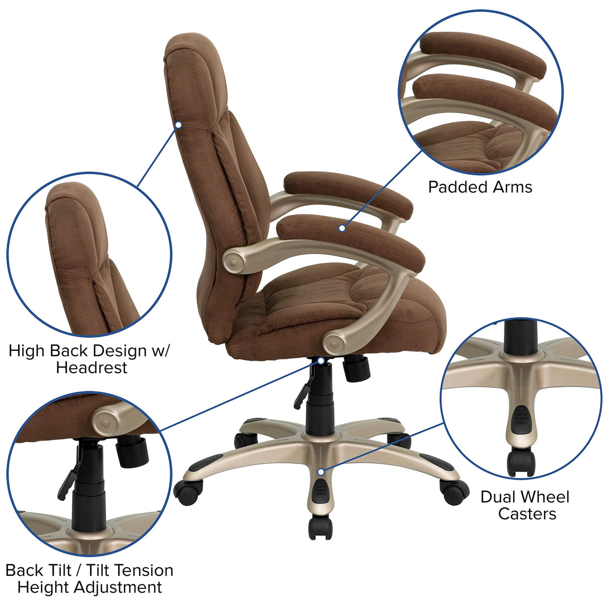 High Back Brown Microfiber Executive Swivel Office Chair with Arms
