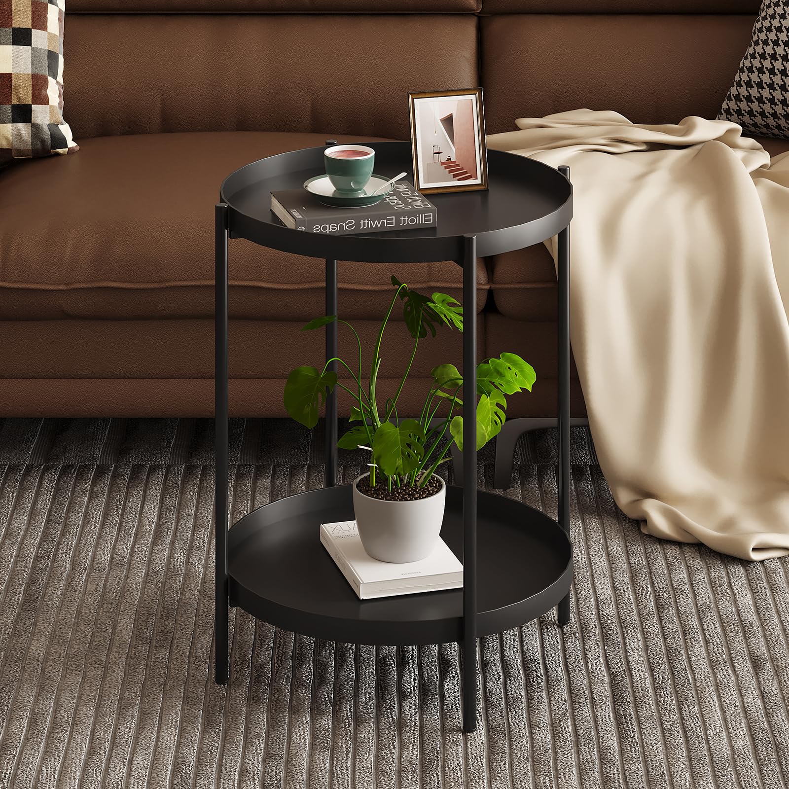 Black Round End Table, Small Metal Side Table with Removable Tray
