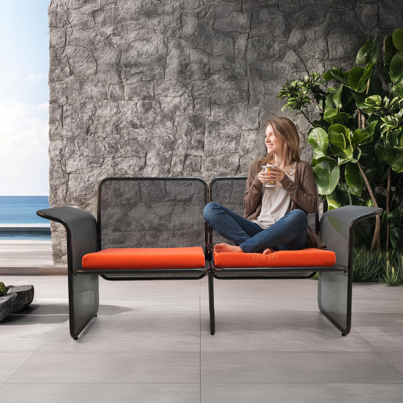 Outdoor Loveseat, All-Weather Metal Patio Furniture Sofa