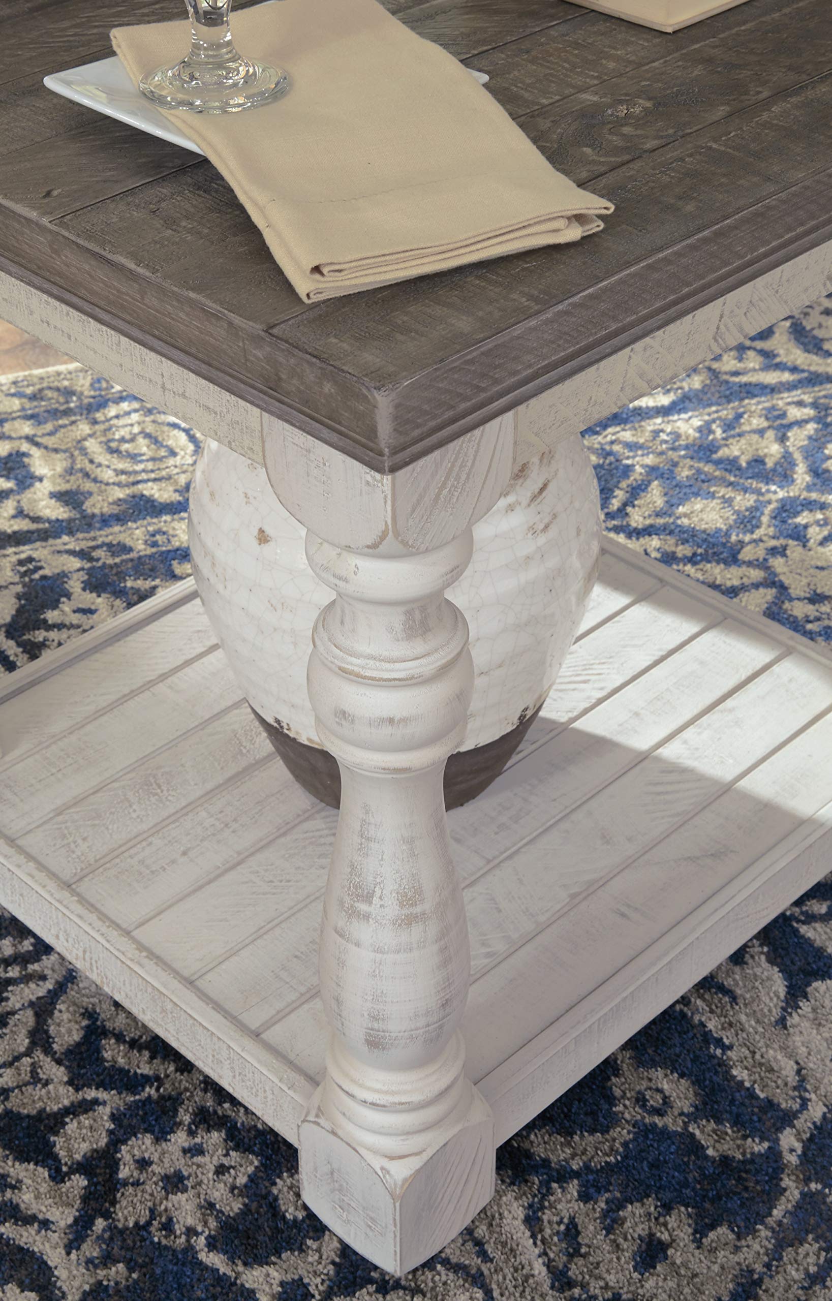 Havalance Farmhouse Square End Table with Floor Shelf, Vintage Gray & White