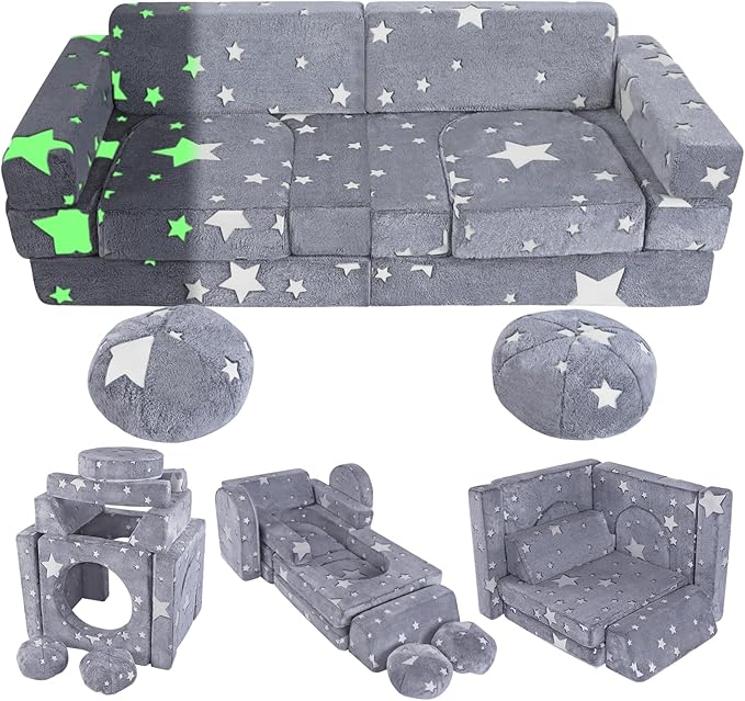 13PCS Kids Play Couch, Foam Modular Kids Couch Sofa, Glowing Toddler Couch Convertible Baby Play Couch Children Sofa for Playroom Bedroom (Gray)