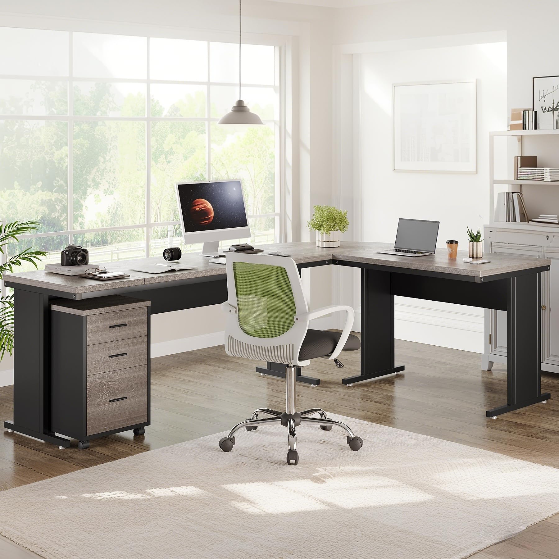 83 Inch L-Shaped Executive Desk with File Cabinet, Large L Shape Computer Desk