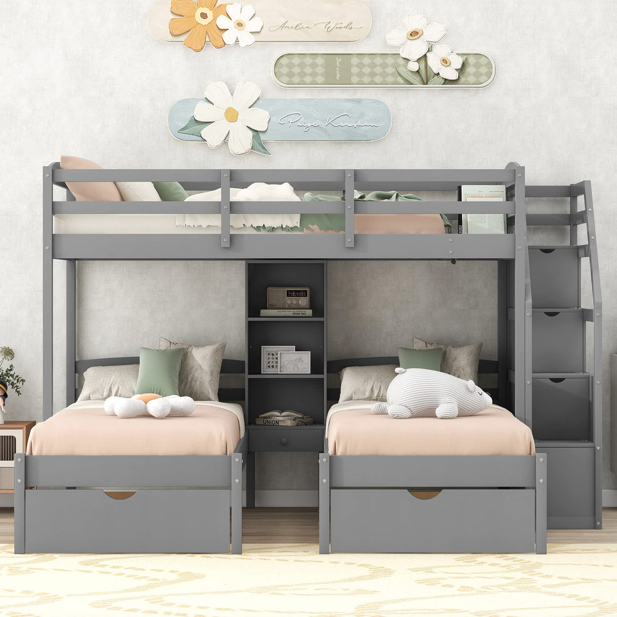 Triple Bunk Bed with Stairs, Twin Over Twin & Twin Bunk Bed for 3, Triple Bunk Bed with Drawers