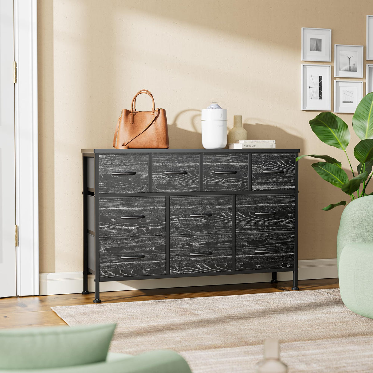 Black Dresser for Bedroom with Charging Station and 10 Drawers, Large Fabric Chest