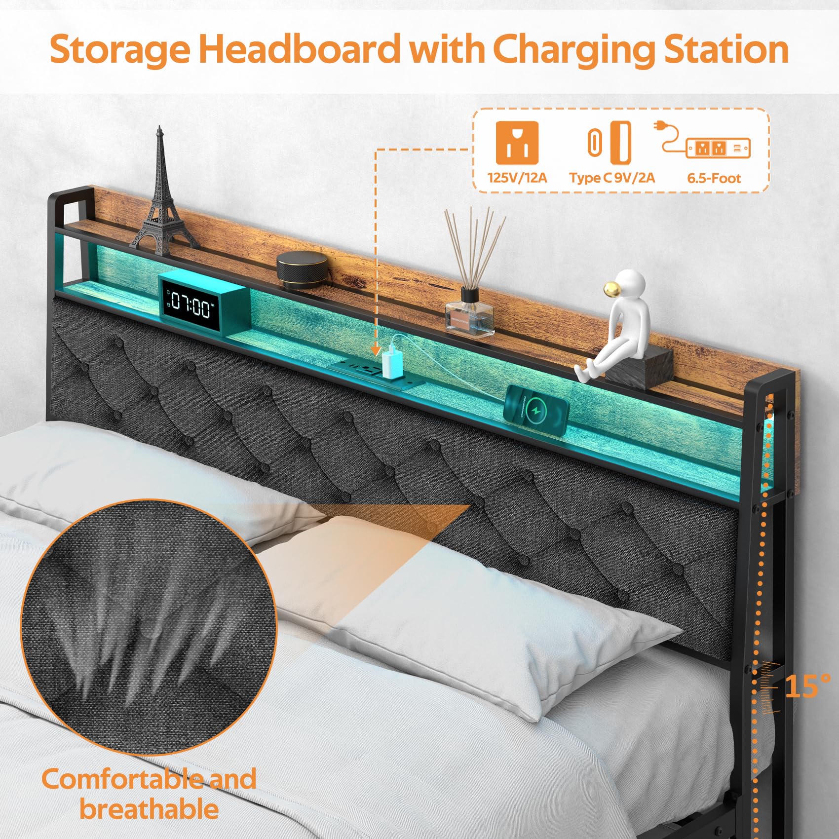 Full Bed Frame with Ergonomic Headboard, Platform Bed Frame with RGB Lights