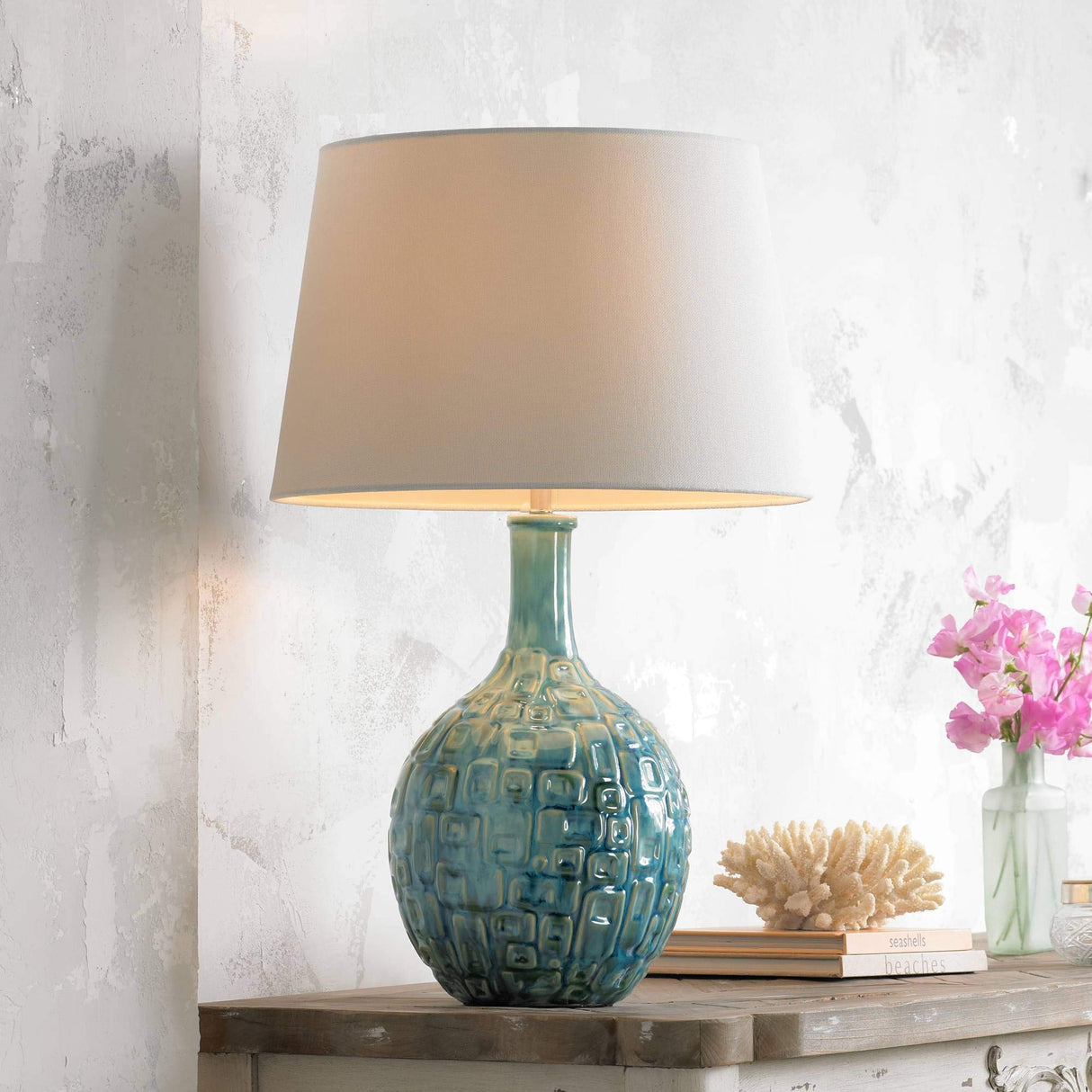 26" High Gourd Mid Century Modern Coastal Table Lamps Set of 2 Teal Ceramic Fabric