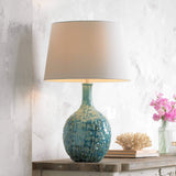 26" High Gourd Mid Century Modern Coastal Table Lamps Set of 2 Teal Ceramic Fabric