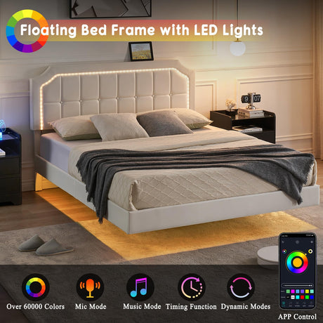 Floating Bed Frame, Full Size Floating Bed Frame with RGB LED Light Headboard