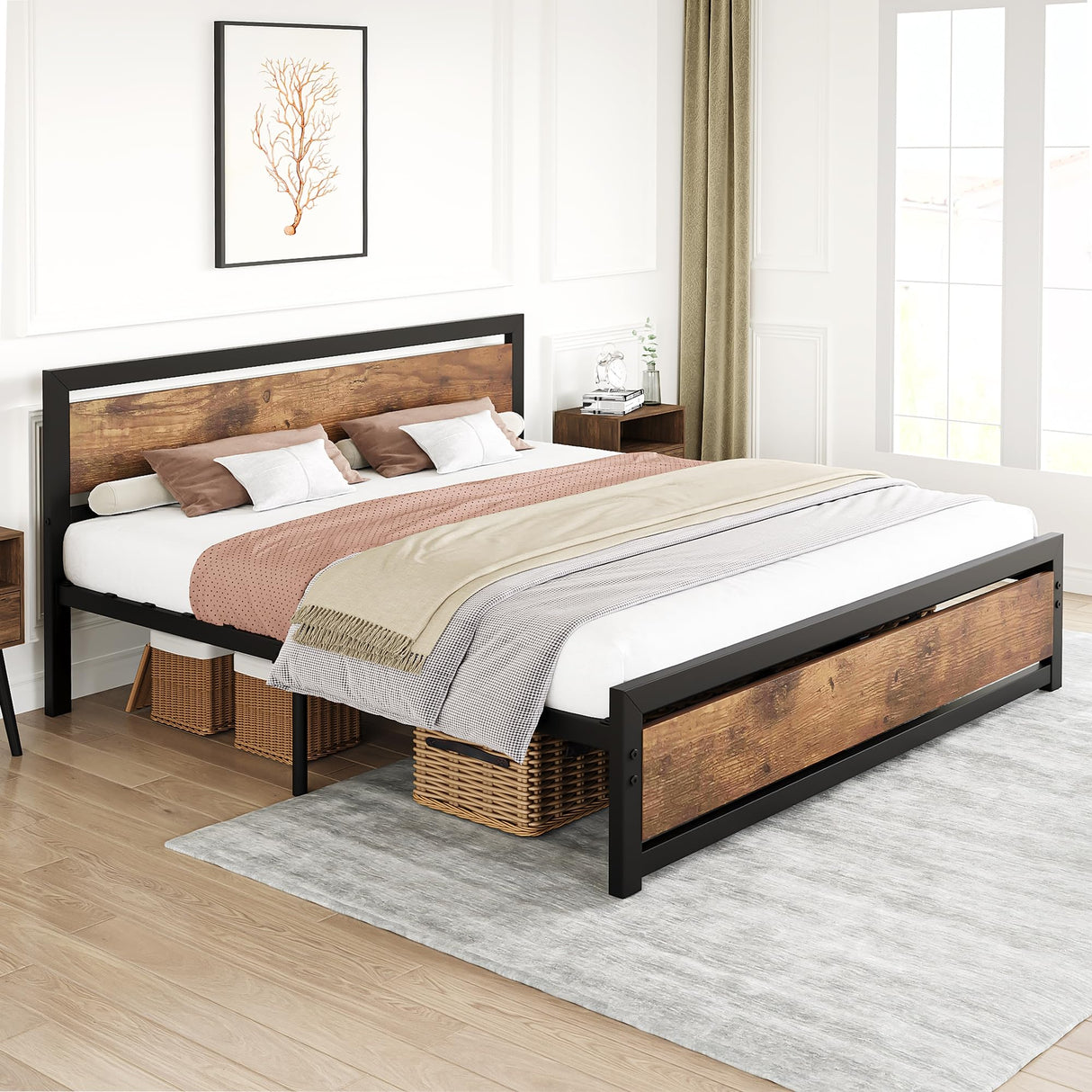 IDEALHOUSE Queen Size Bed Frame with Wooden Headboard and Footboard, Industrial Queen Bed Platform No Box Spring Needed, 14 Inch Easy Assemble Mattress Bedframe, Queen