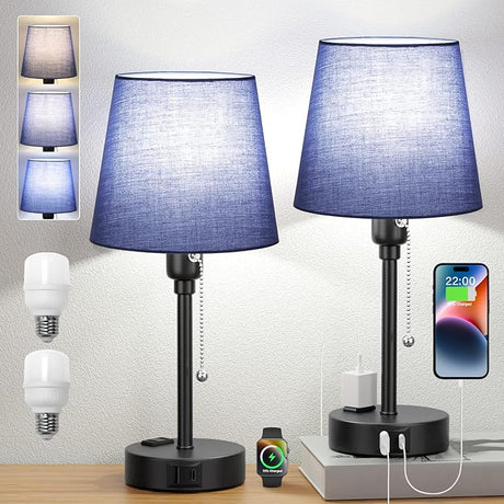 Grey Bedside Lamps for Bedrooms Set of 2 - Table Nightstand Lamp with 3 Color Modes,