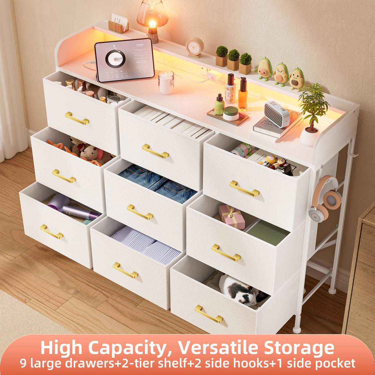 White Dresser for Bedroom, Bedroom Dresser with LED Lights and Charging Station, 9