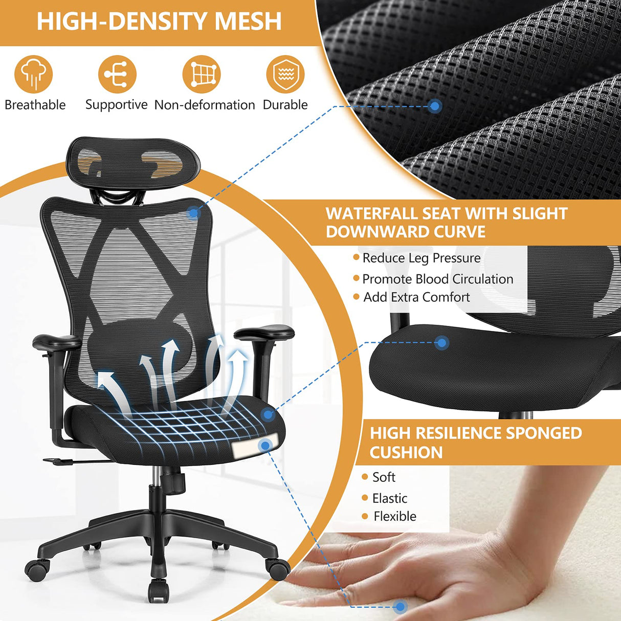 Ergonomic Office Chair with Adjustable Lumbar Support, Armrests and Headrest, High