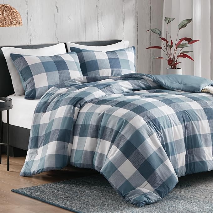 Plaid Twin Comforter Set for Teen, Farmhouse Comforter Twin Size Bed, Blue and White Comforter, Grid Buffalo Lightweight 3 Pieces Bed Sets Includes 1 Comforter, 1 Shams (66 x 90 Inch)