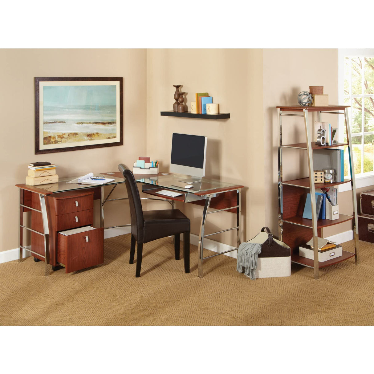 Mezza 62"W L-Shaped Corner Desk, Cherry/Chrome