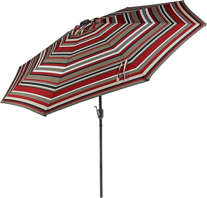 9 ft Striped Patio Umbrella with Solar Lights - Polyester LED Table Market Umbrella