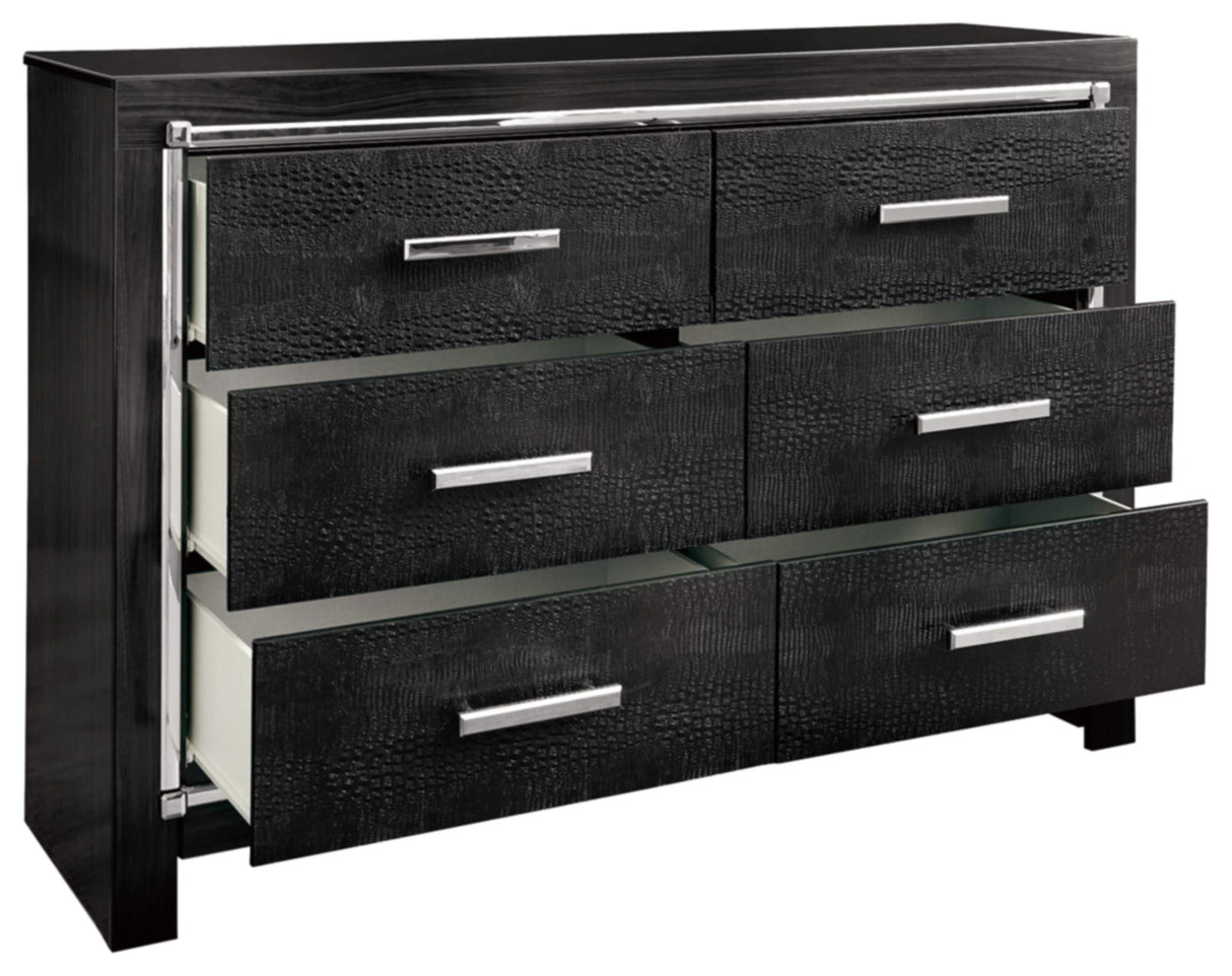 Kaydell Glam 6 Drawer Dresser with Faux Alligator Panels & Chrome-Tone Accents, Black