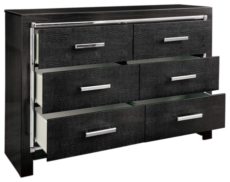 Signature Design by Ashley Kaydell Glam 6 Drawer Dresser with Faux Alligator Panels & Chrome-Tone Accents, Black