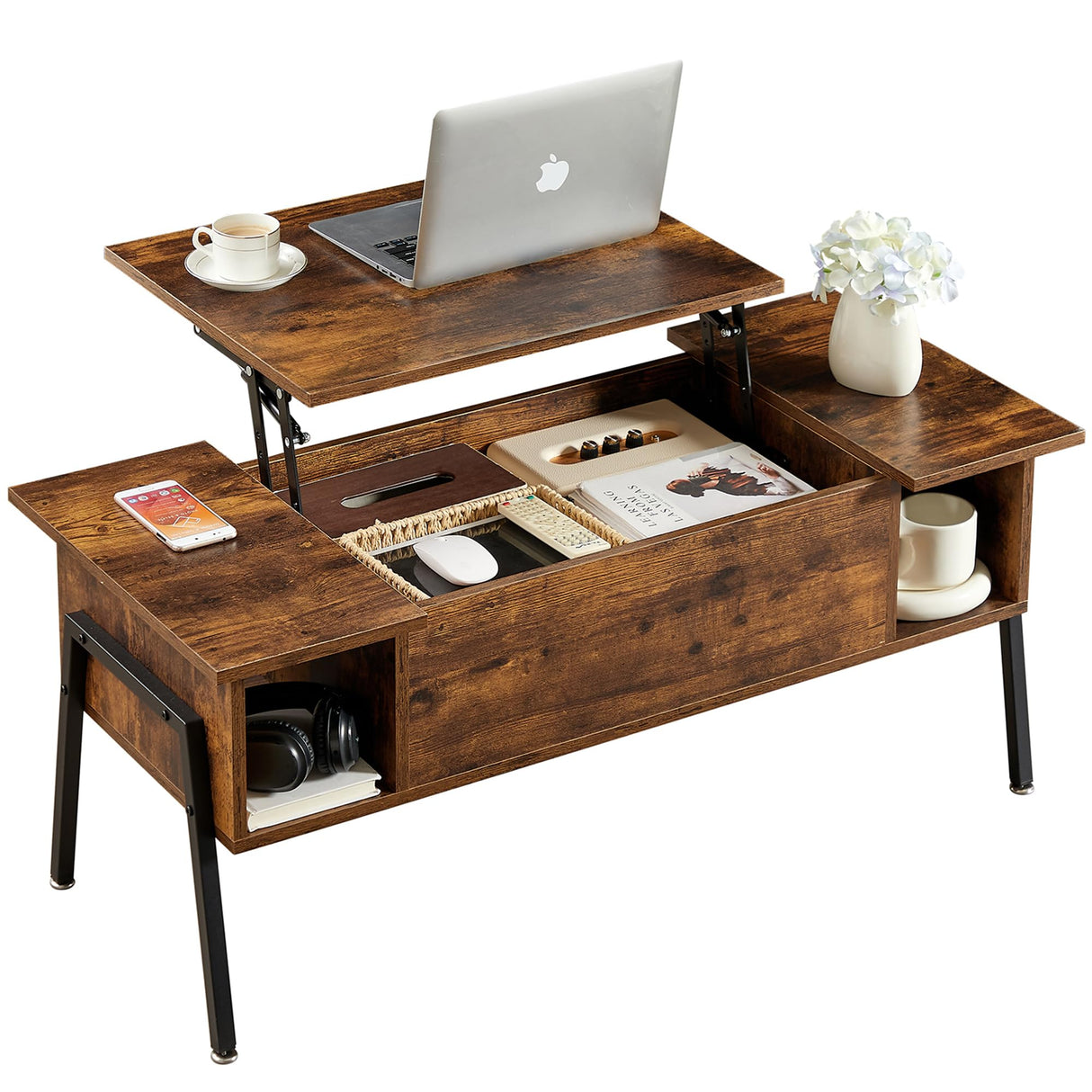 Wood Lift Top Coffee Table with Hidden Compartment and Storage Shelf