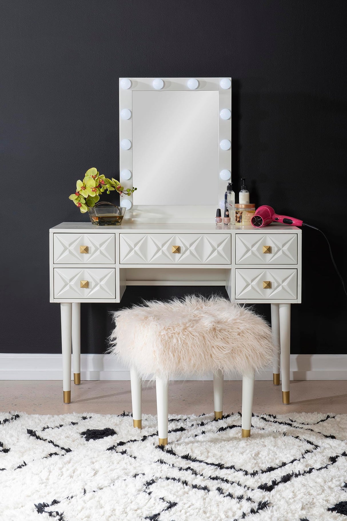 Makeup Vanity Two Piece Set with Lighted Glam Mirror Accents, White and Gold