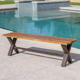 Sanibel Outdoor Acacia Wood Dining Bench, Teak Finish / Rustic Metal