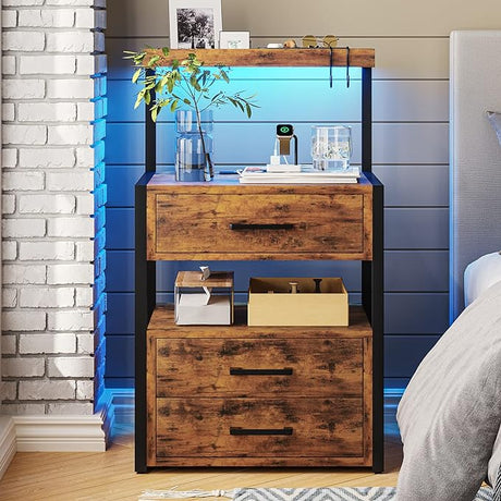 Nightstand with Charging Station and LED Lights, LED Night Stand with 2 USB Ports and 2 AC Outlets,