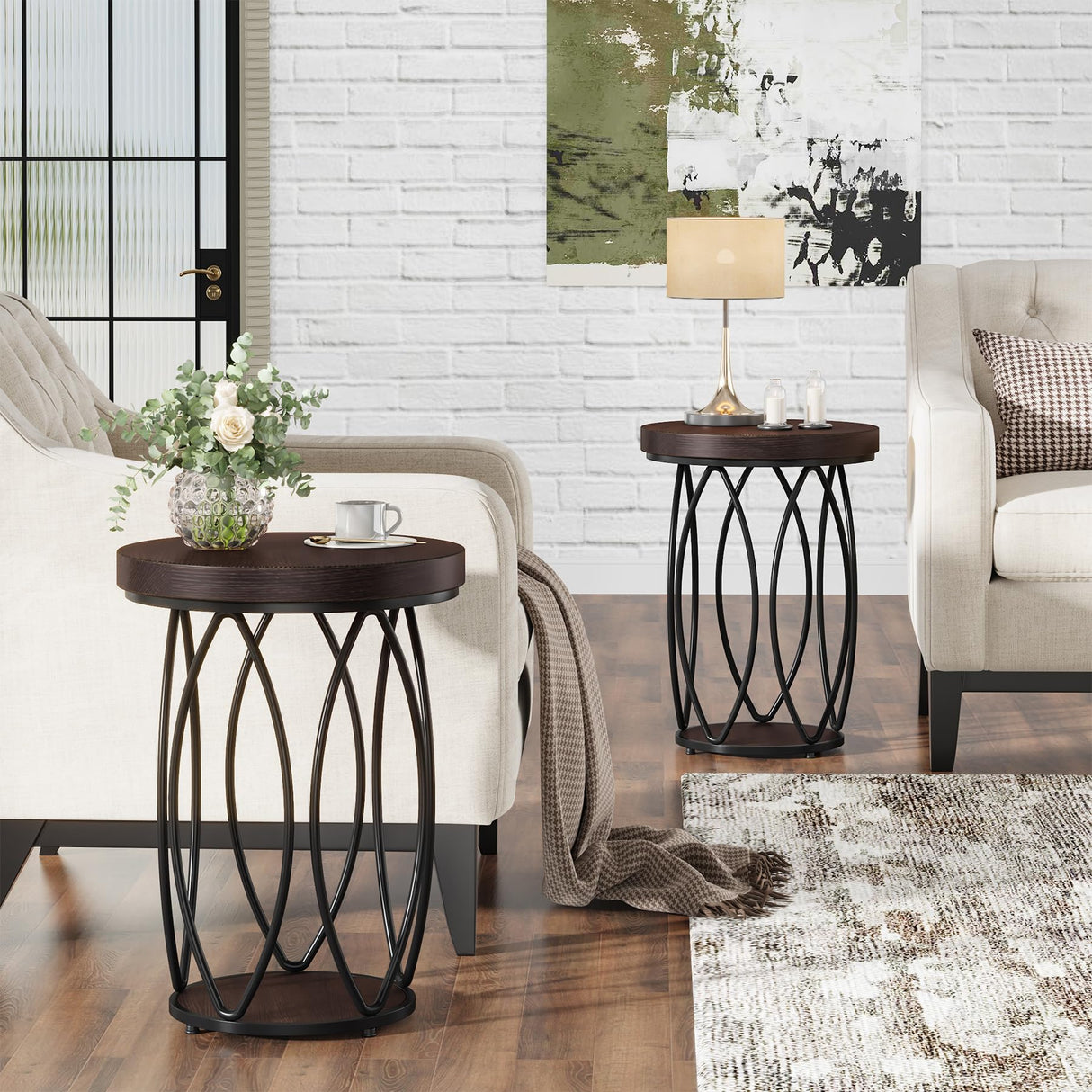 Round Side Table, Small End Table with Storage Shelf