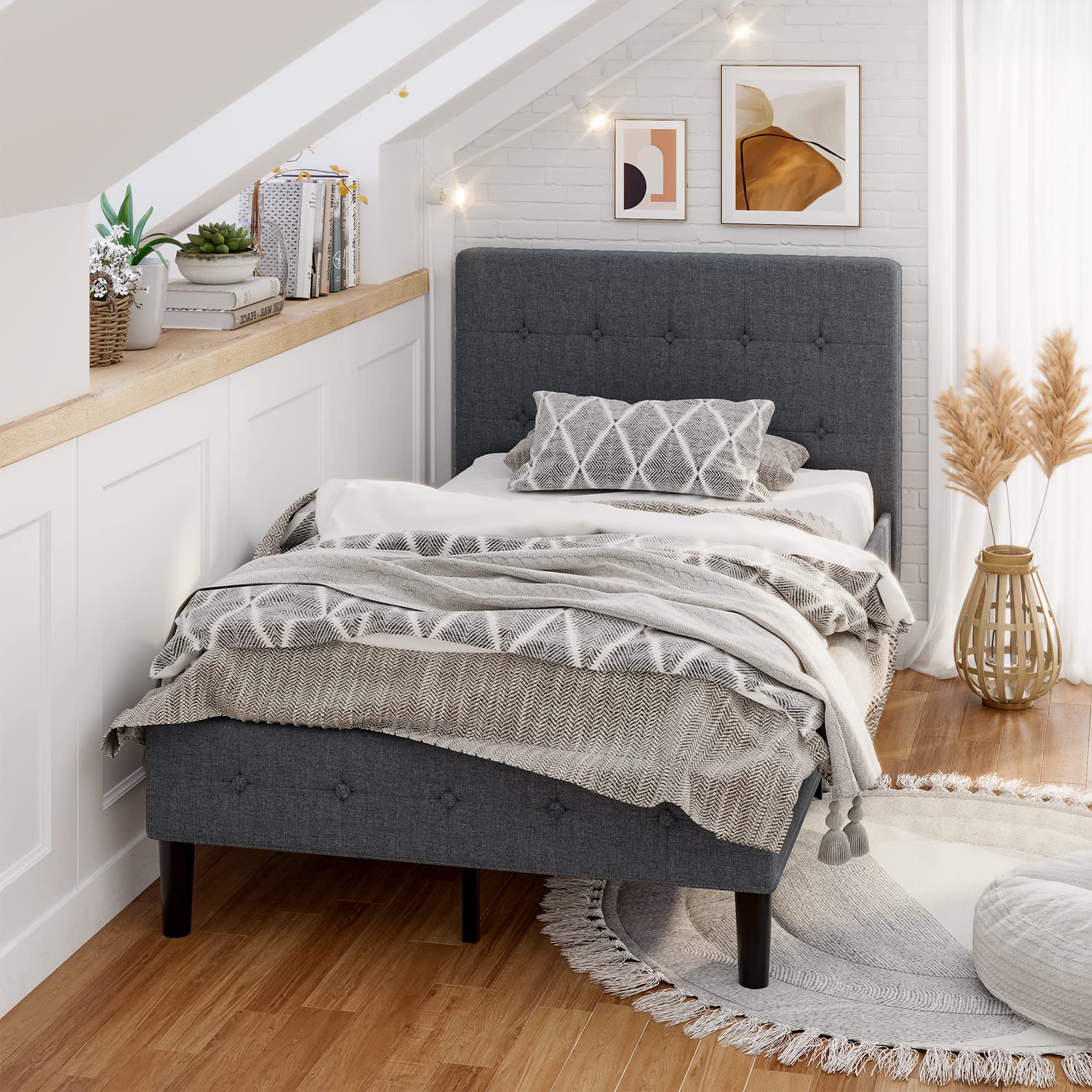 Twin Upholstered Bed Frame with Button-Tufted Headboard - Grey