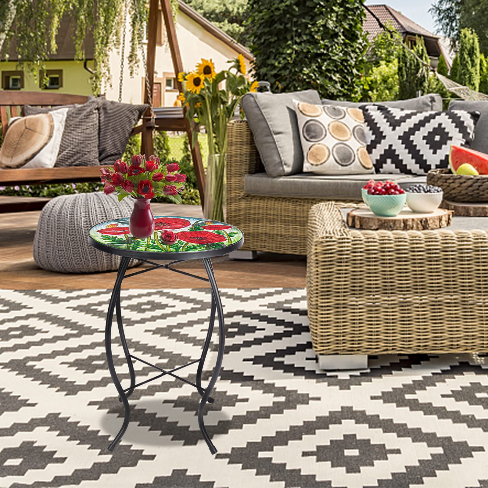 Outdoor Side Table - Small Mosaic Patio Table, 14” Round Accent End Coffee Table