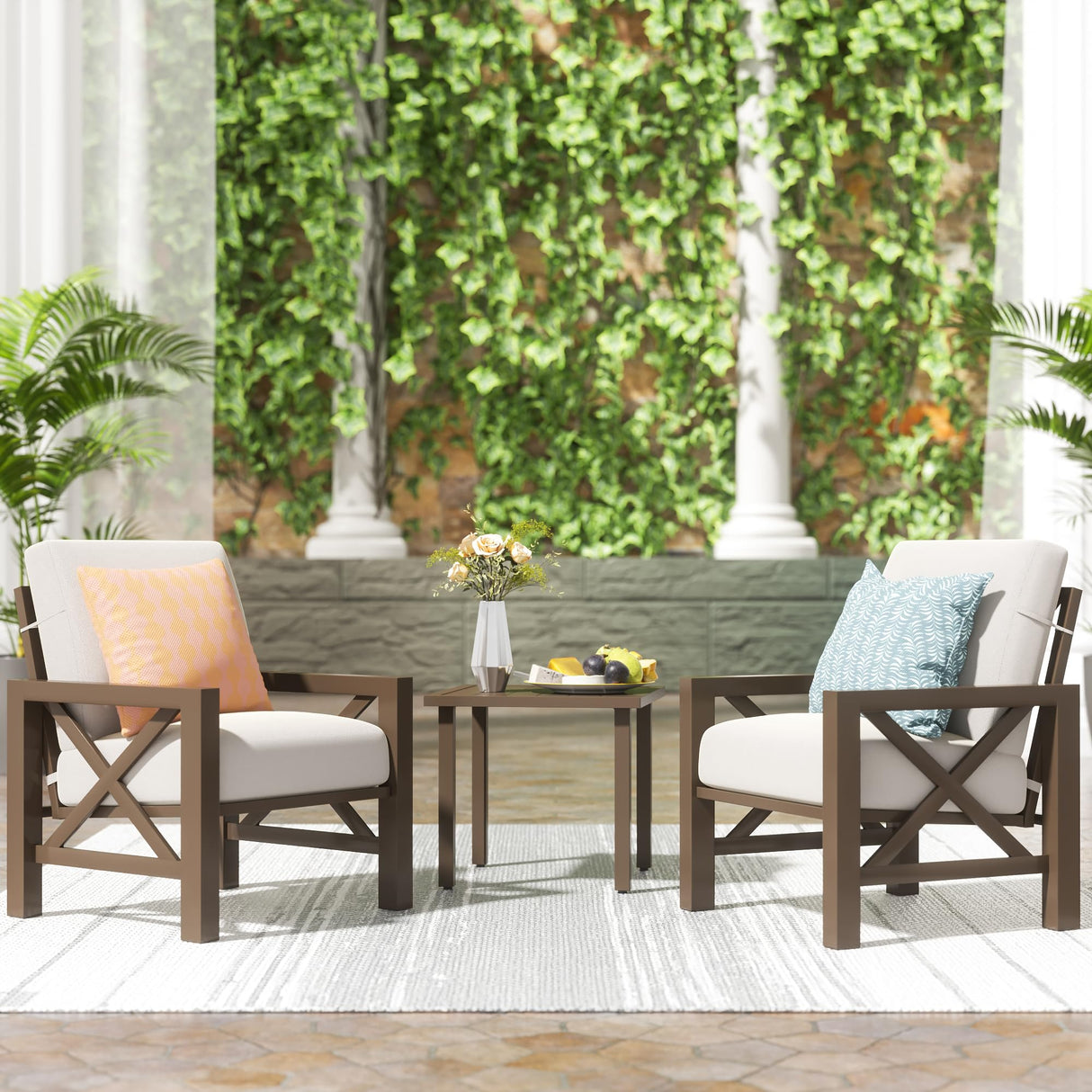 NATURAL EXPRESSIONS 3-Piece Patio Bistro Set, Patio Conversation Furniture Set with 2 Chairs and 1 Metal Coffee Table, 6.5'' Thick Olefin Cushions for Backyard,Porch,Poolside