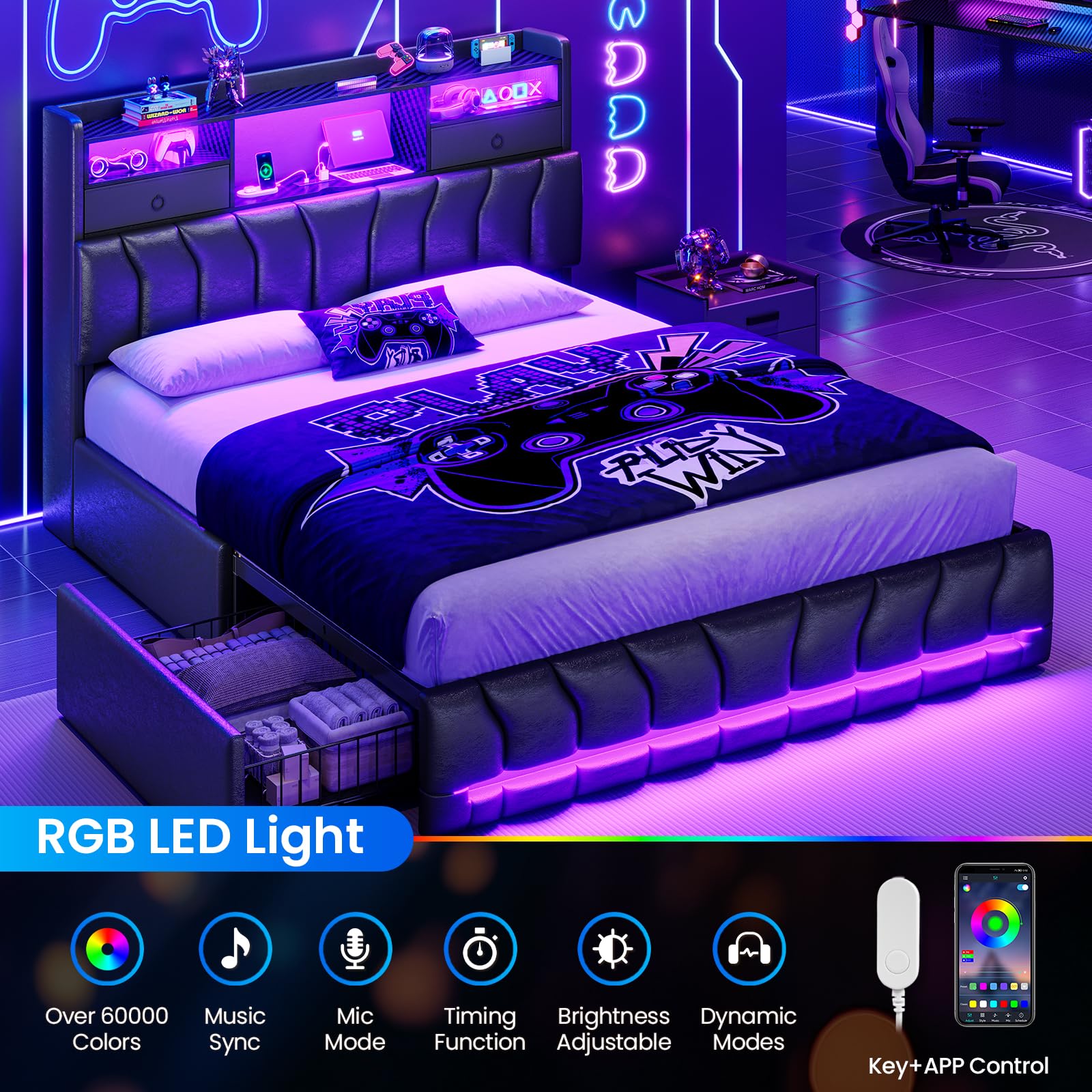 Queen Gaming Bed with RGB Lights & Storage