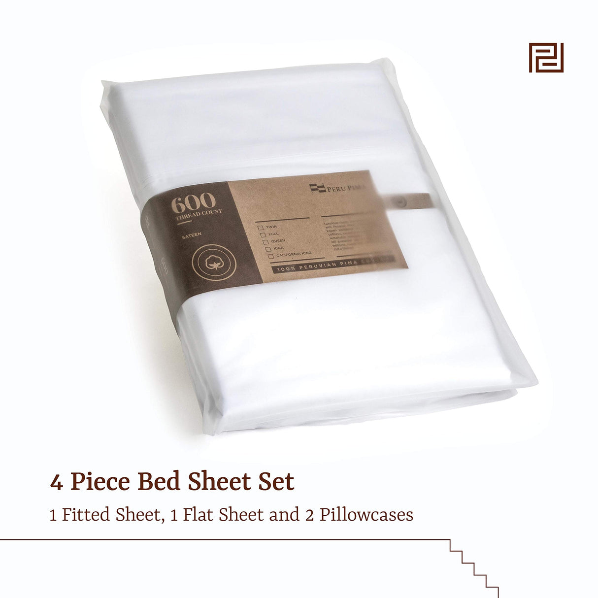 - 600 Thread Count Sateen - 100% Peruvian Pima Cotton - Full Bed Sheet Set,