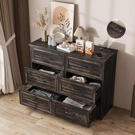 Dresser for Bedroom, 6 Drawer Wide Dresser Organizer with Charging Station