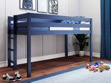 Contemporary Low Loft Twin Bed with End Ladder, Blue with Blue & White Tent