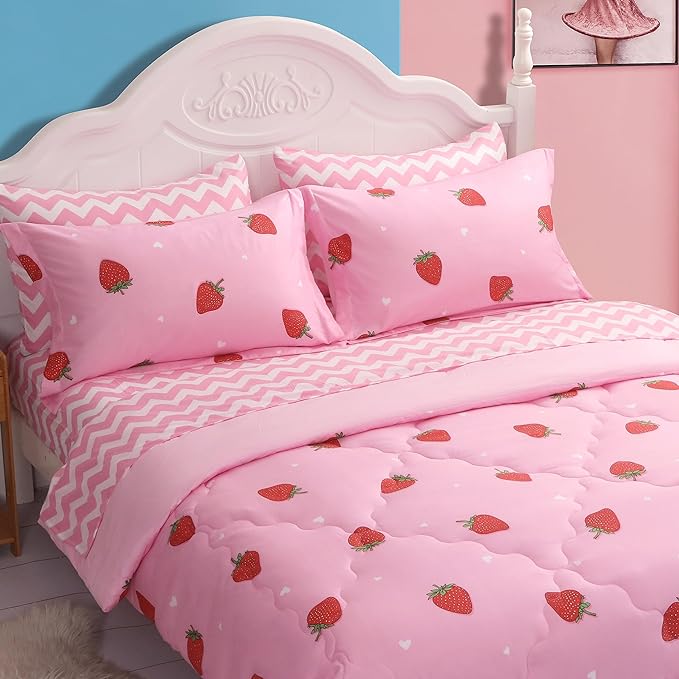 7 Piece Girls Love Heart Bedding Comforter Sets Full Size - Colourful Reversible Cute