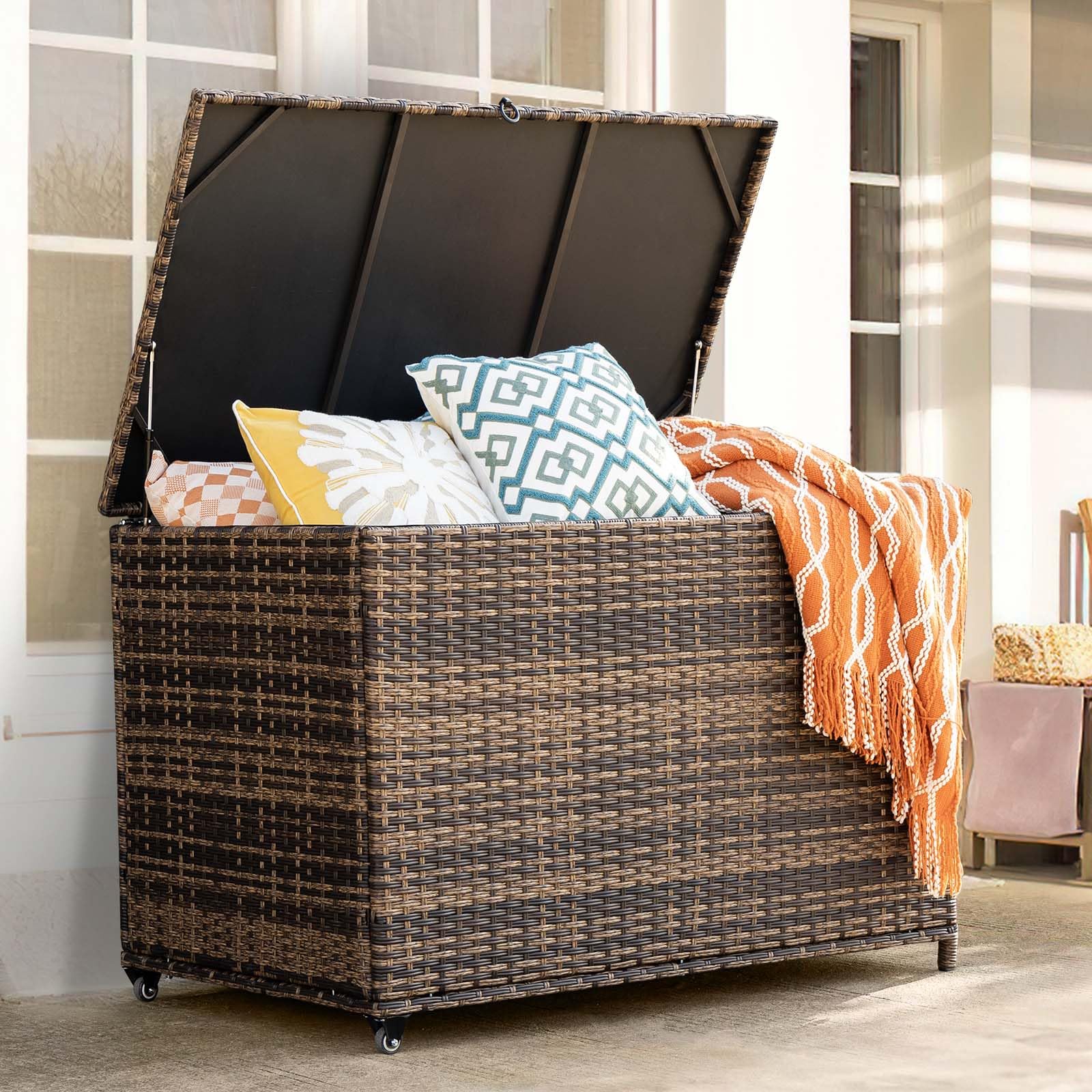 178 Gallon Outdoor Storage Box, Handle Large Portable Wicker Rattan Deck Box for Patio