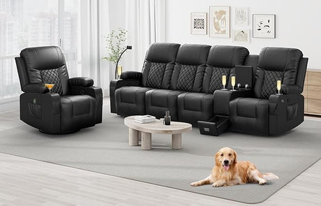 Recliner Sofa Set, 4 Seater Double Reclining Sofa with 2 Pieces Recliner Chair