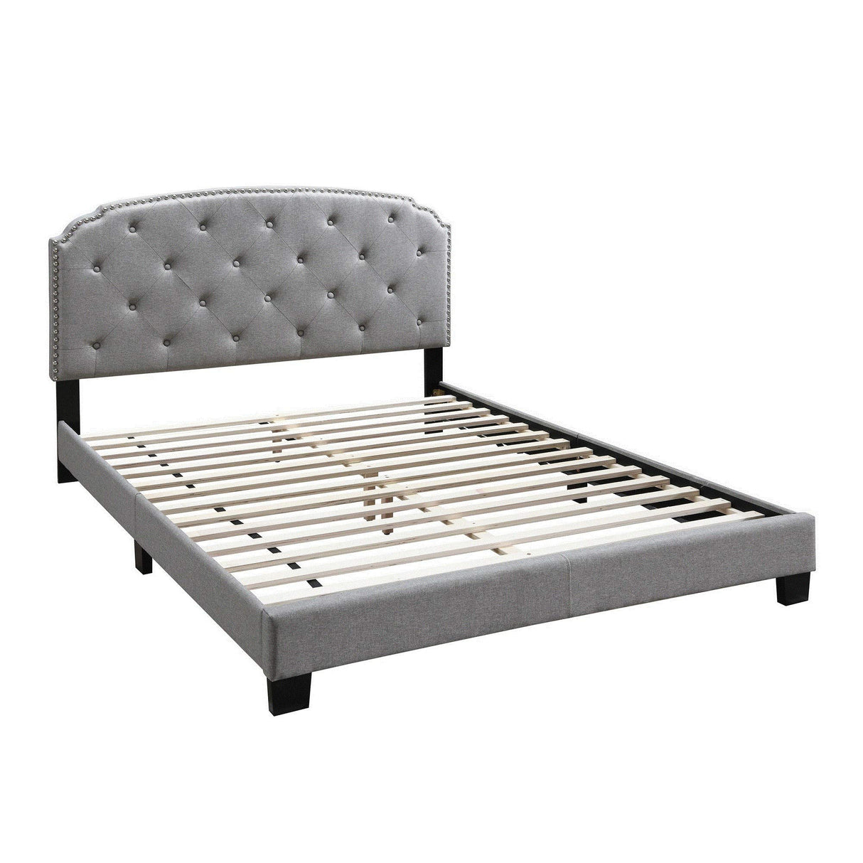Twin Size Bed with Button Tufted Scalloped Headboard, Light Gray