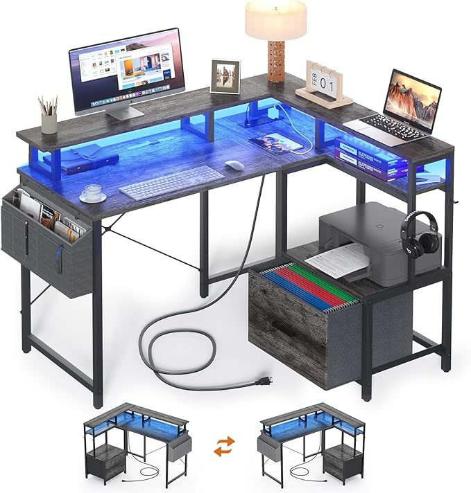 Small Computer Desk with File Drawer Cabinet, L Shaped Office Desk with Printer Stand & Monitor Stand