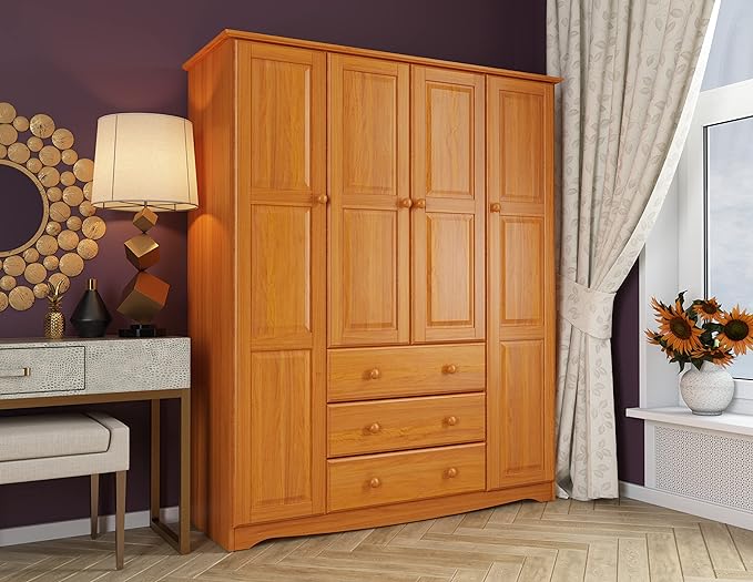 100% Solid Wood Family Wardrobe Closet Armoire w/Clothing Rods